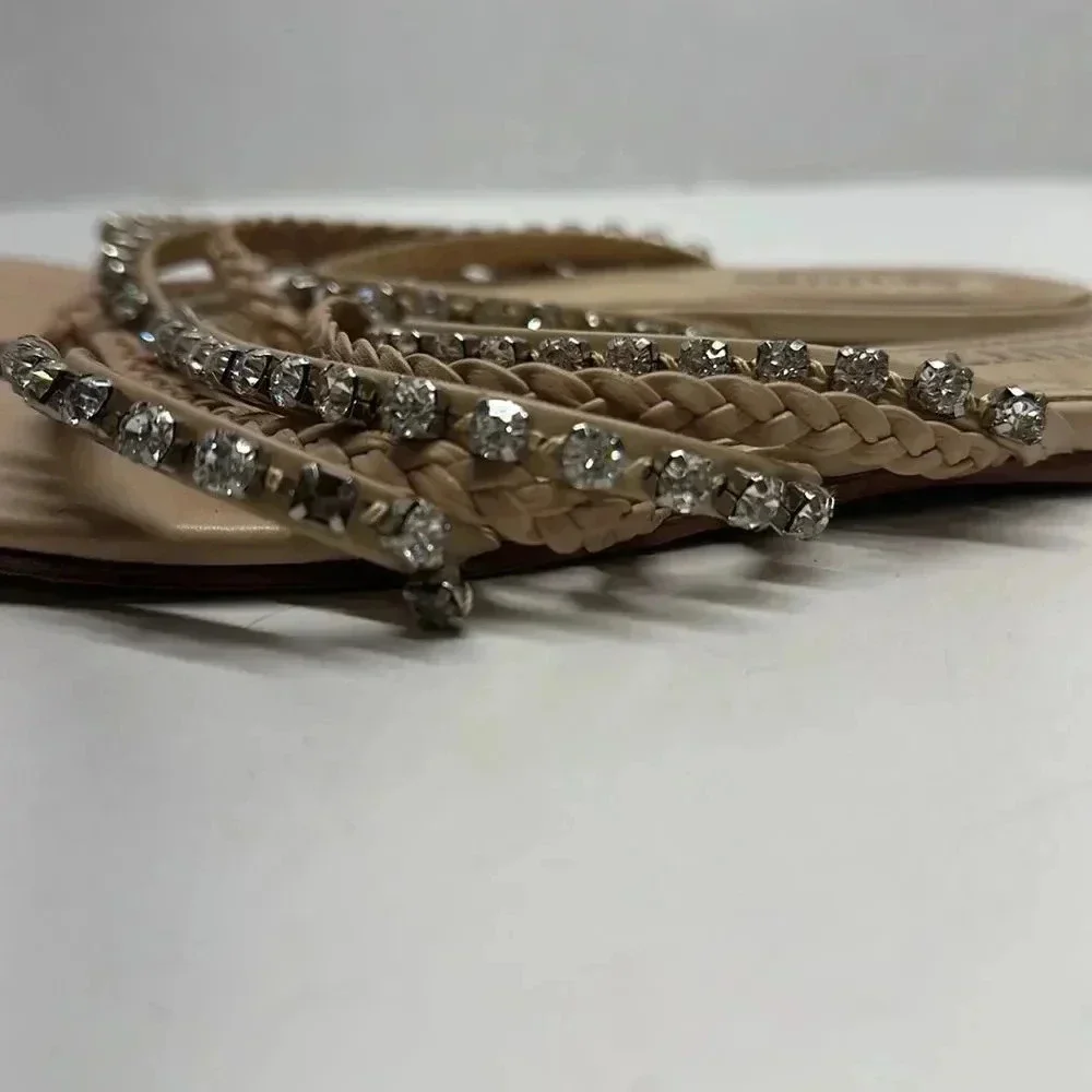 Schutz Sandals Slides Flats Jeweled Embellished Braided Leather Tan Brown Size 6